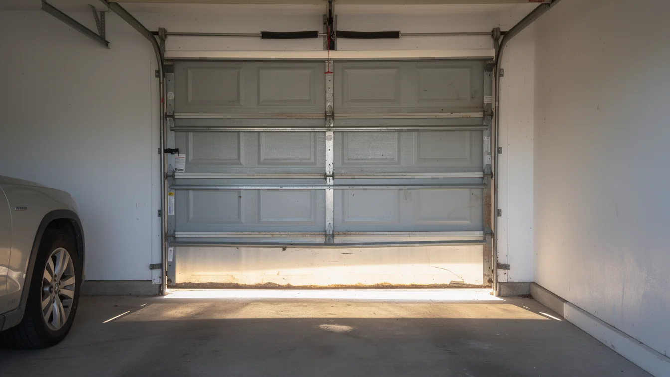 A closed garage door with a car parked inside and light shining under the door.