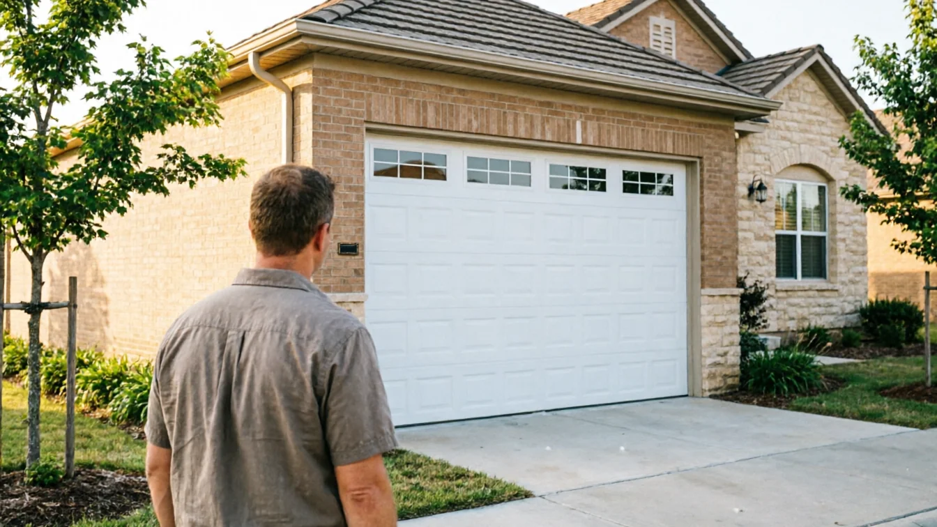 A man stands facing a white garage door on a brick house.