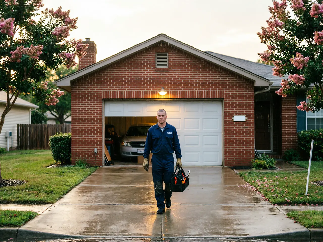 A technician in a blue uniform walks down a wet driveway carrying a toolbox.