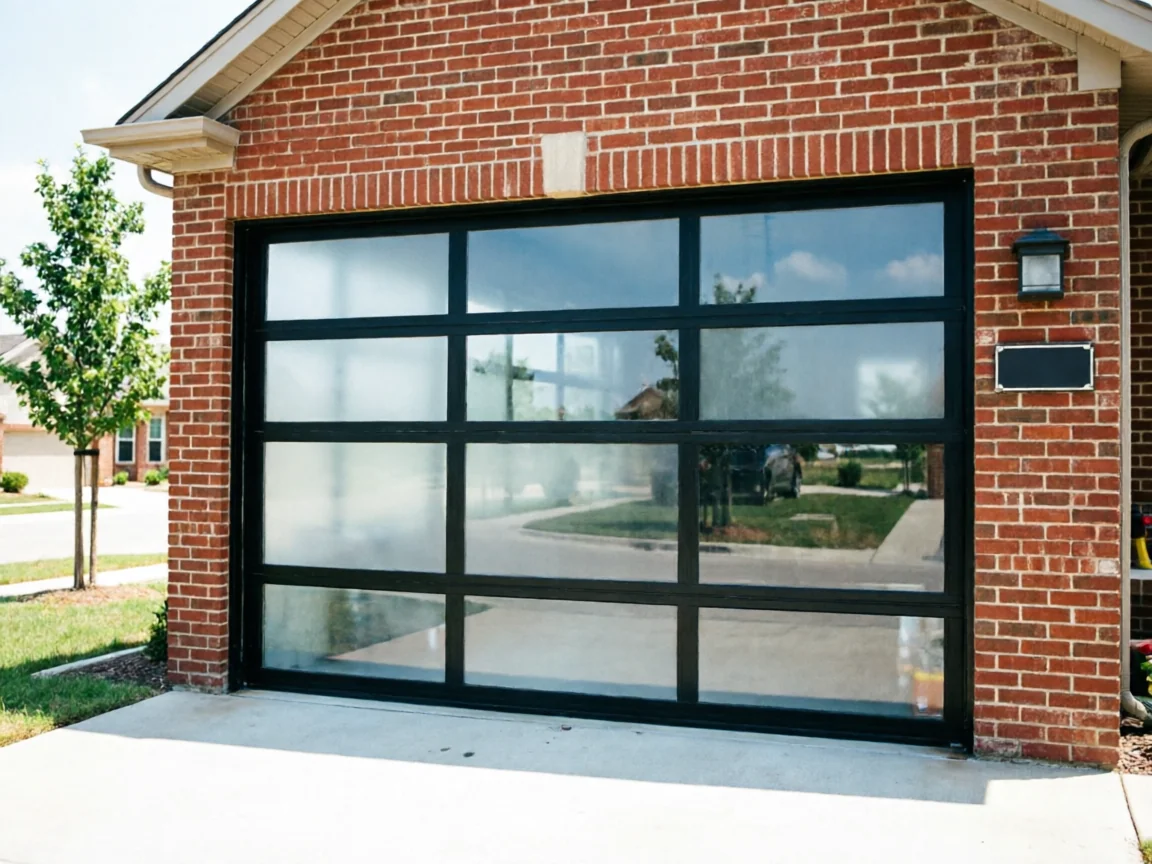 A modern garage door with black frames and glass panels on a brick house.