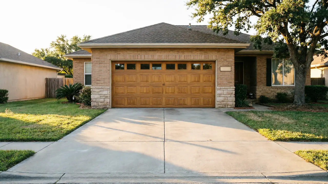 The house has a brown garage door with windows and a brick and stone facade.