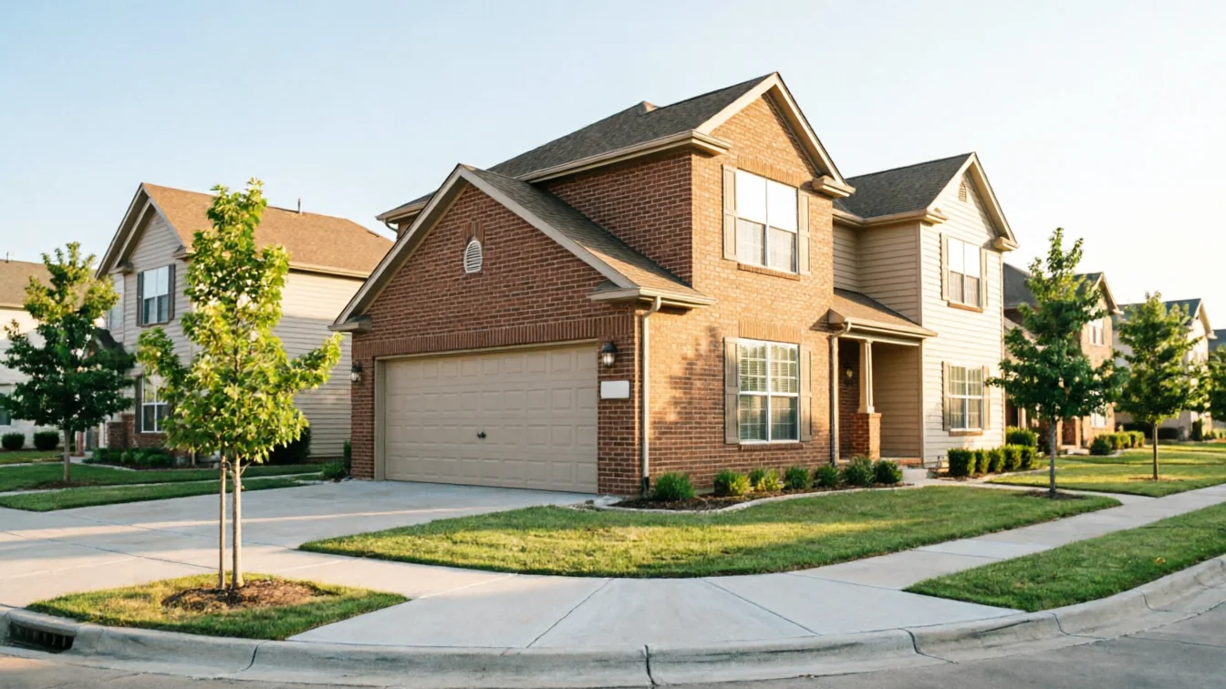 A two-story brick house with a tan garage door sits on a corner lot.