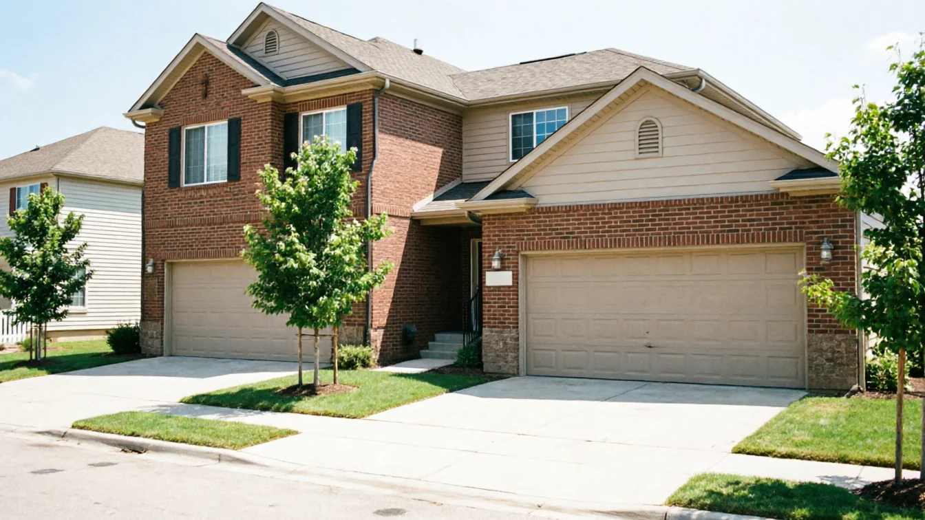 A brick house with two tan garage doors and two small trees in front.