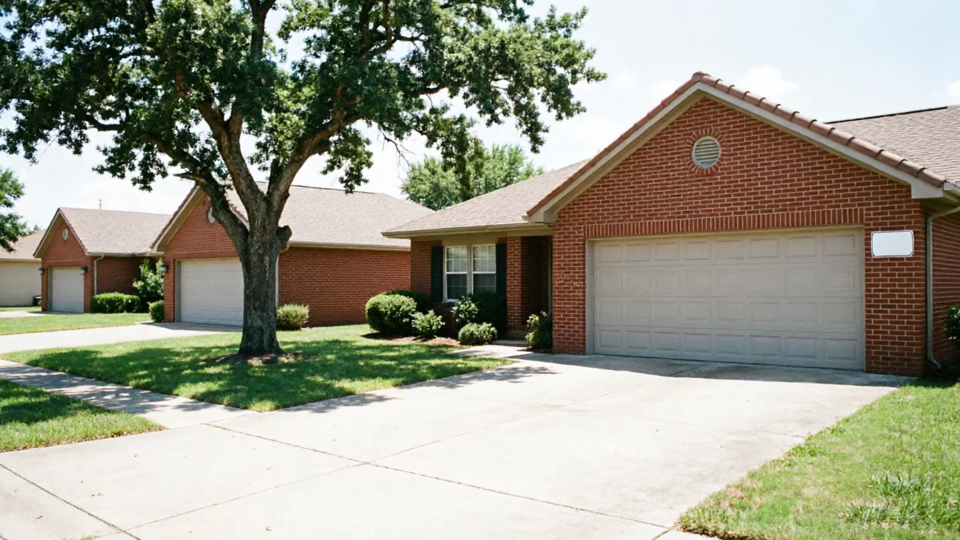 Three brick houses with light-colored garage doors line a street with green lawns and trees.