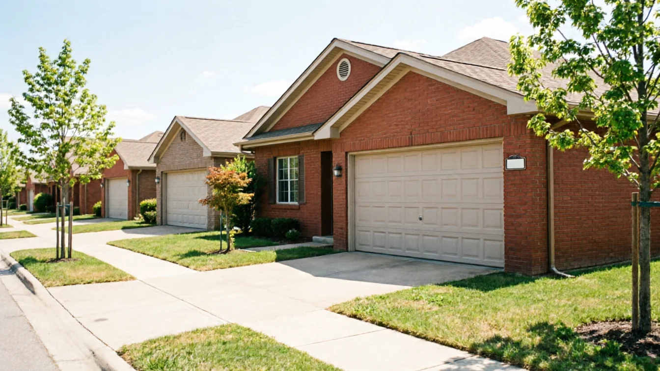 A row of brick houses with light-colored garage doors and green lawns.