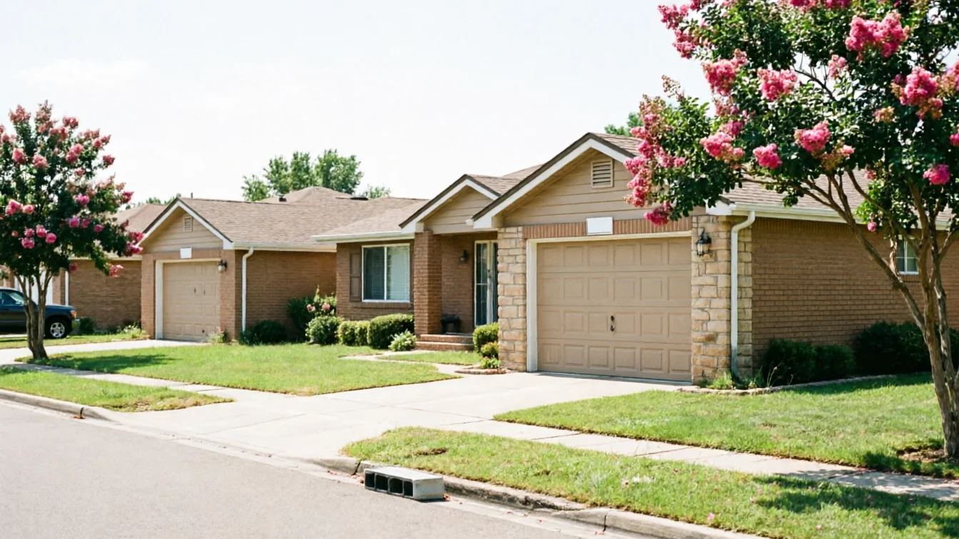 Two single-story houses with tan garage doors and brick exteriors line a residential street.
