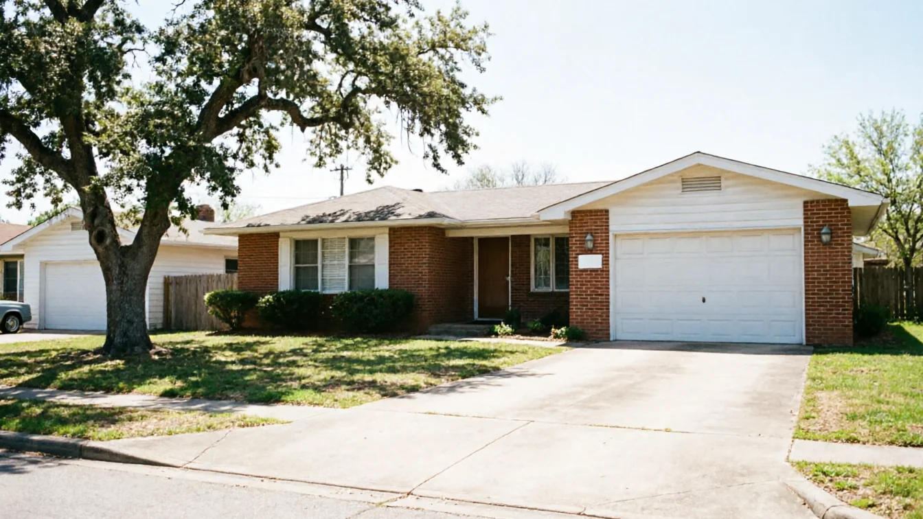 A brick house with a white garage door and a large tree in the front yard.