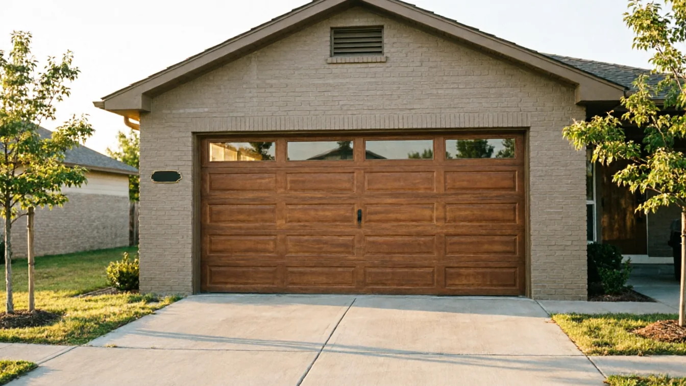 The house has a brown garage door with windows and light brown brick siding.