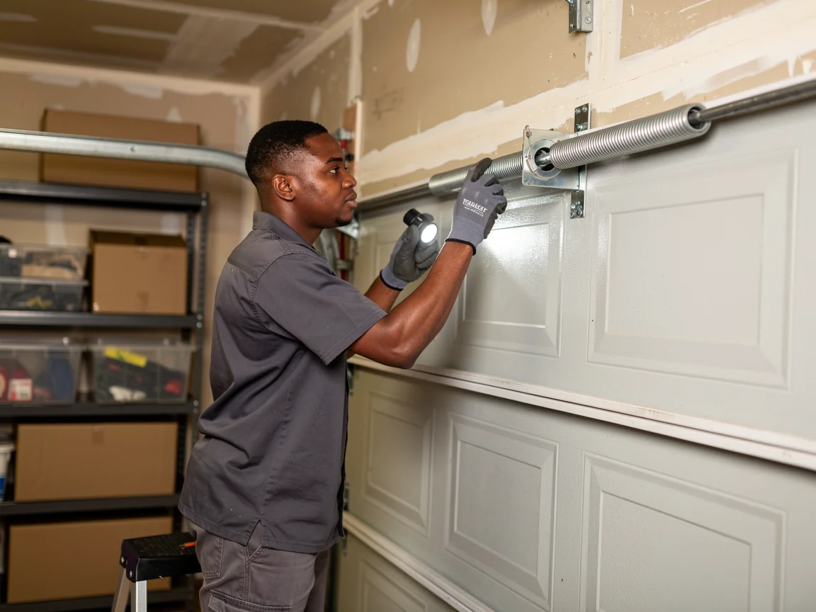 A technician holds a flashlight and examines a garage door torsion spring.