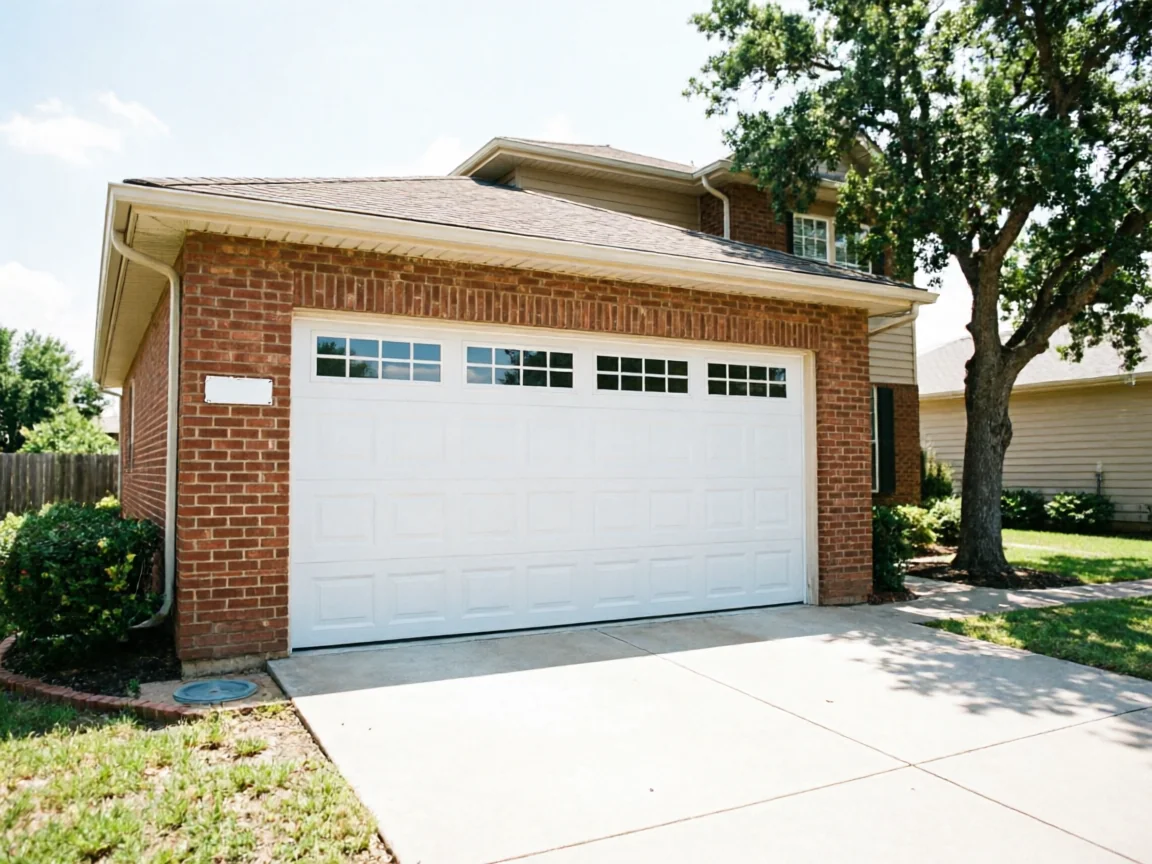 A white paneled garage door with windows is on a brick house.