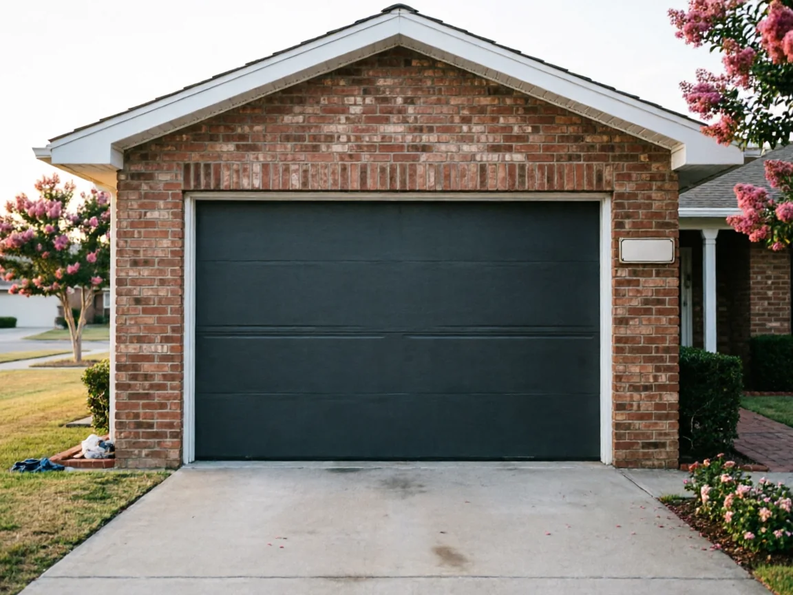 A dark gray garage door is centered on a brick house with a concrete driveway.