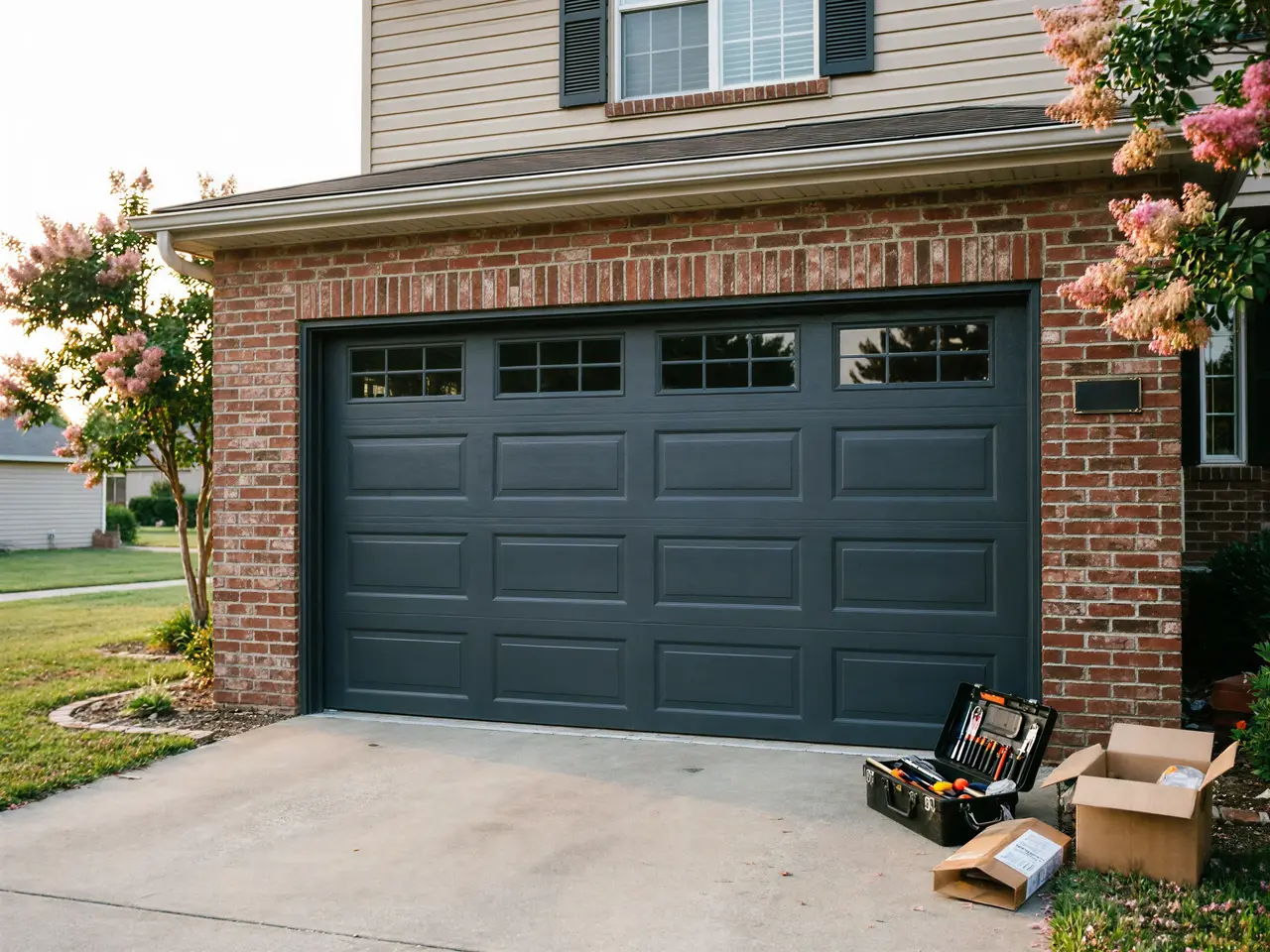 A dark gray garage door with windows is on a brick house.