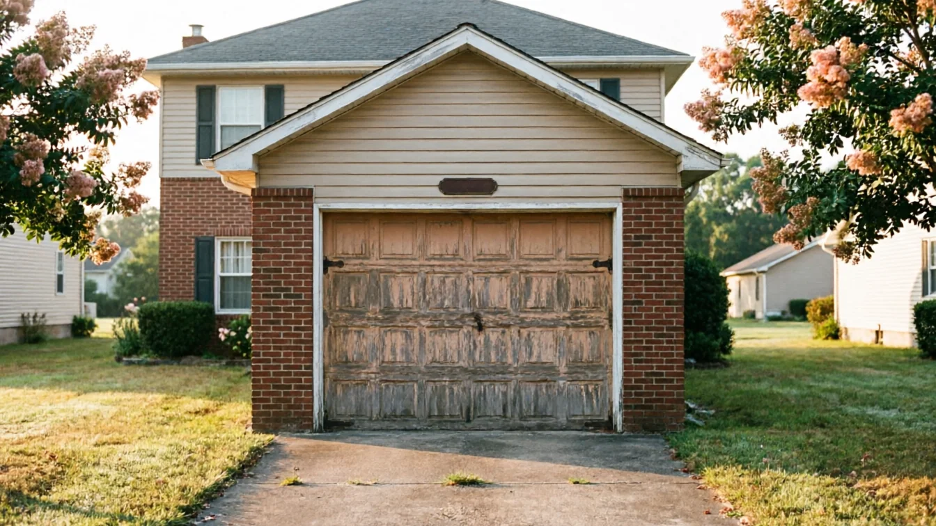 The house has a weathered wooden garage door and brick facade.