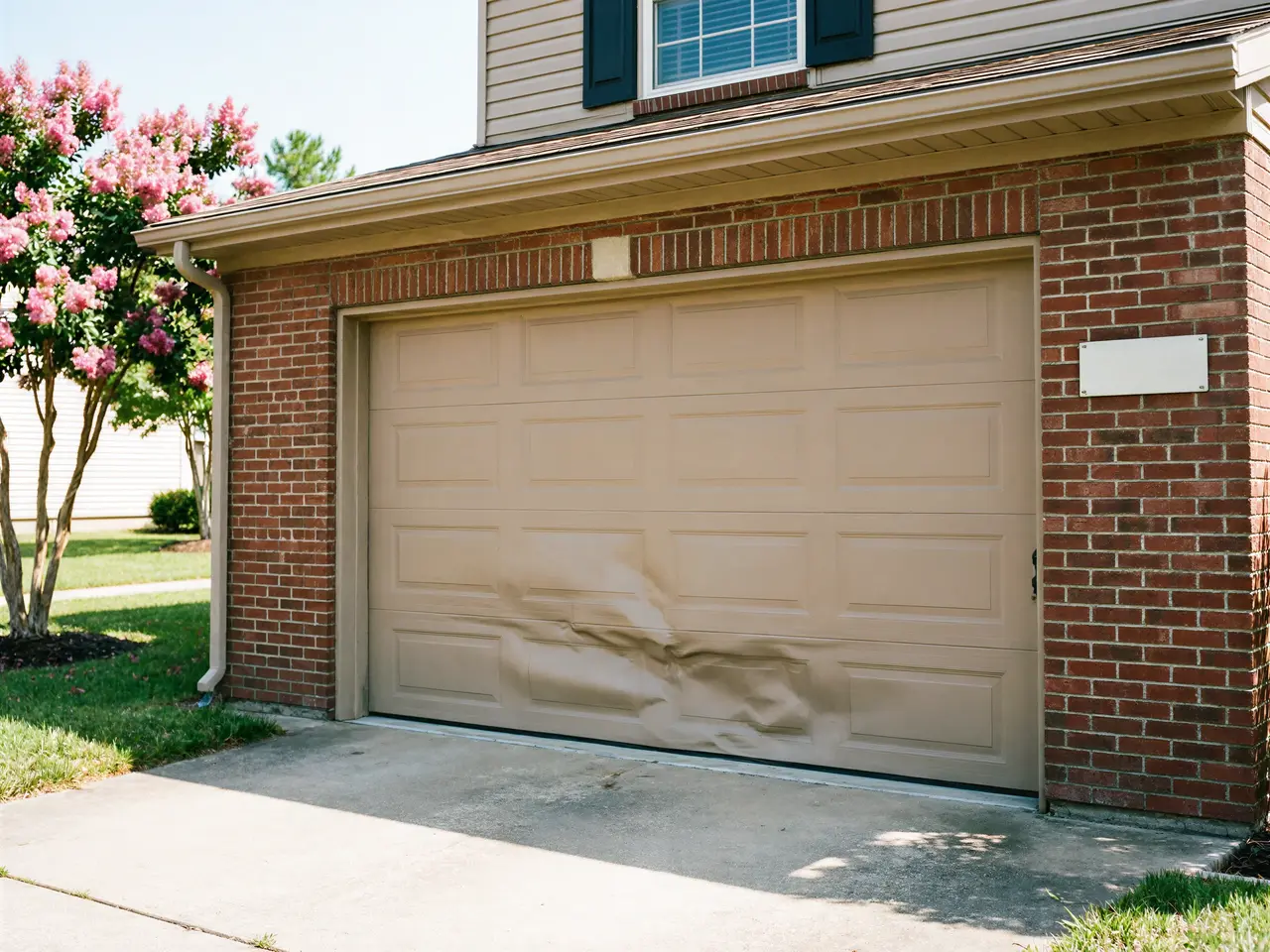 The tan garage door on a brick house is dented at the bottom.