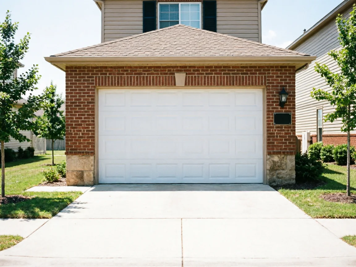 A white garage door is on a brick house with a tan upper story.