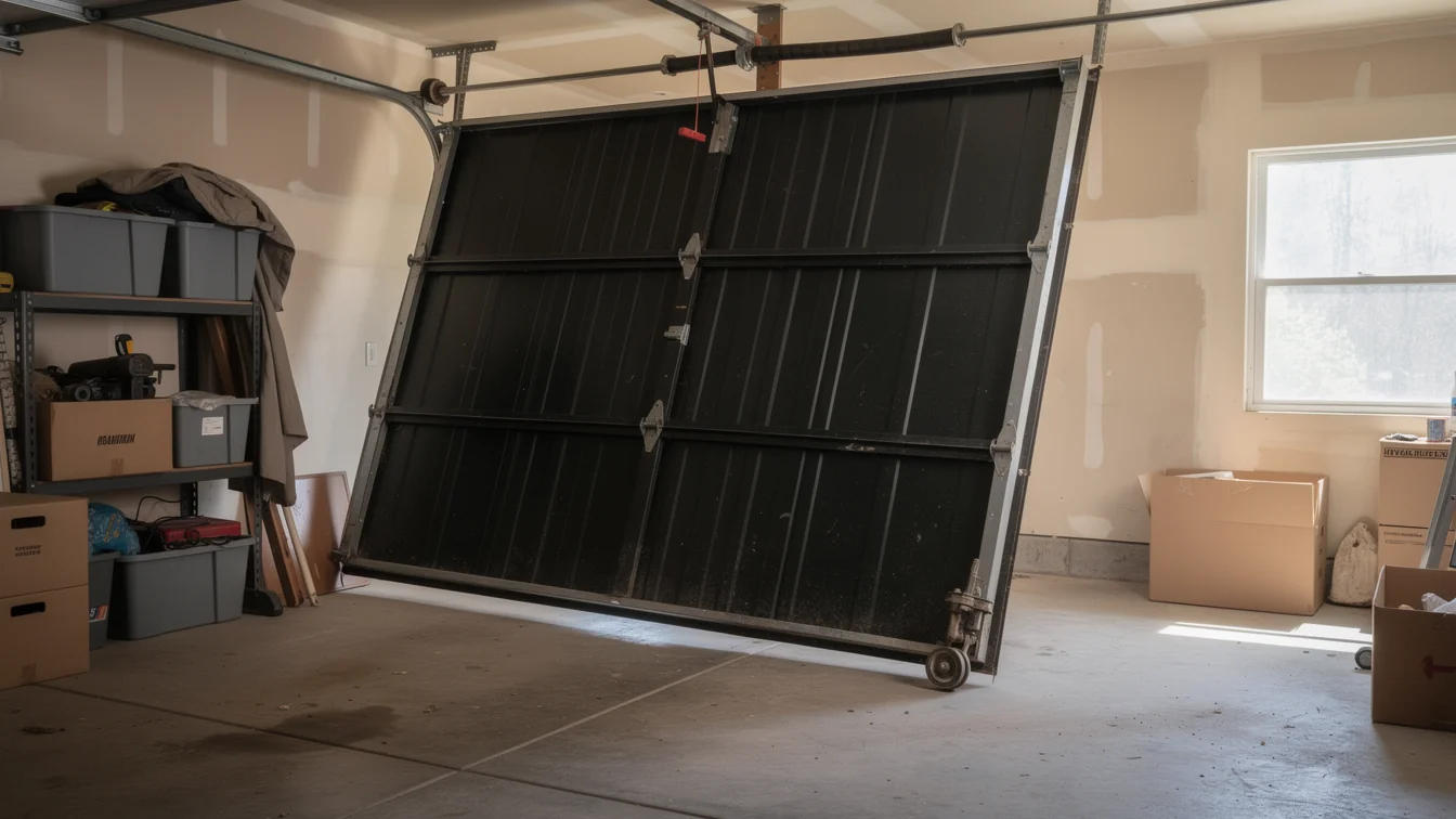 A black garage door is off its tracks and leaning in a garage.
