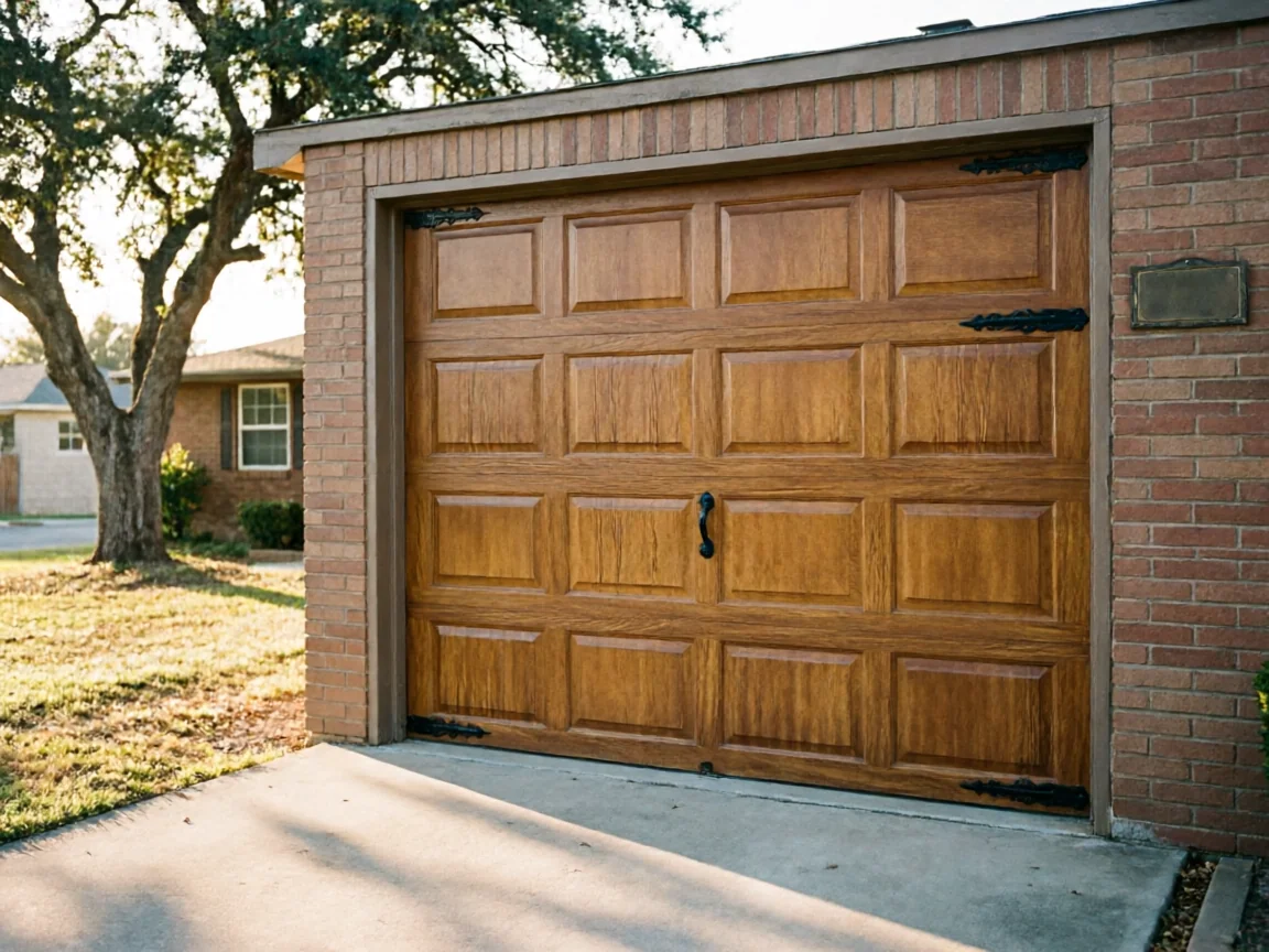 A brown wooden garage door with decorative black hardware is set in a brick wall.